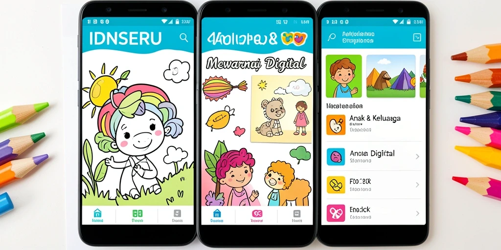 Tampilan antarmuka aplikasi Mewarnai Digital IDNSERU yang menarik dan intuitif.